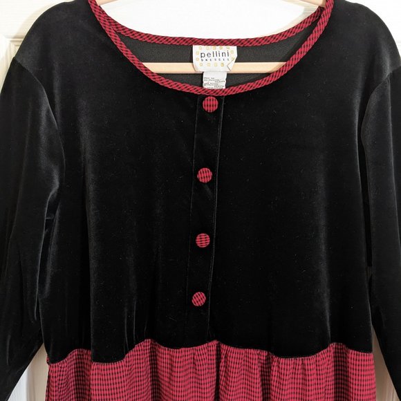 Pellini 1990s Vintage Black Velvet & Red Checkered Maxi Apron Dress - size 18/20 - Picture 6 of 13